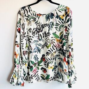 Lavender Brown Botanical Print Top M Split Sleeve